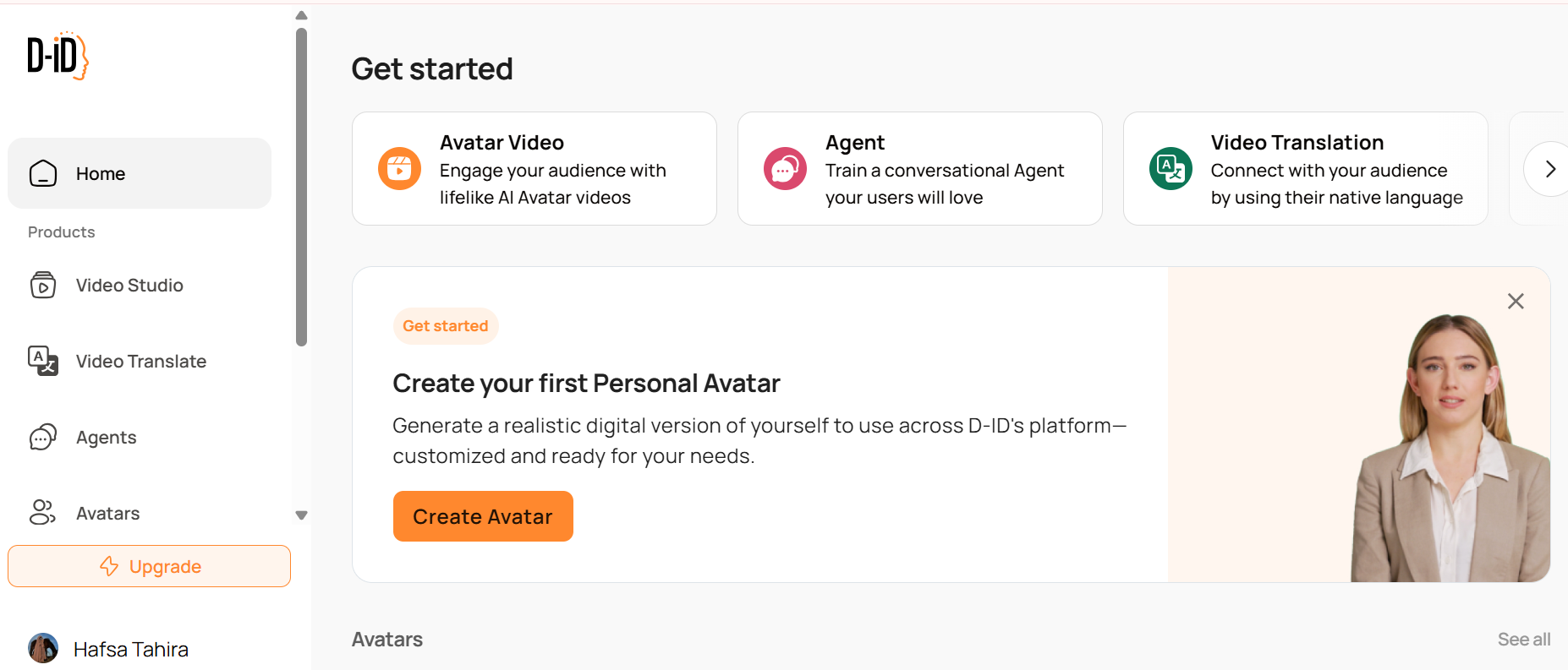 D-ID AI platform interface animating still photos into talking avatars