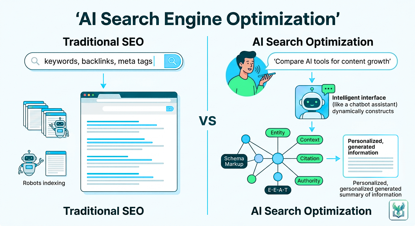 10 Powerful strategies : What Strategies Improve Brand Visibility in AI Search Engines? 2 Traditional SEO vs AI Search Engine Optimization comparison chart showing direct answers and search visibility factors.