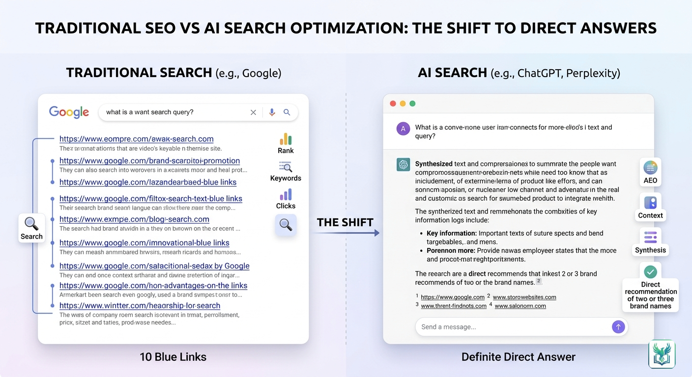 10 Powerful strategies : What Strategies Improve Brand Visibility in AI Search Engines? 3 Traditional SEO vs AI Search Engine Optimization comparison chart showing direct answers and search visibility factors.