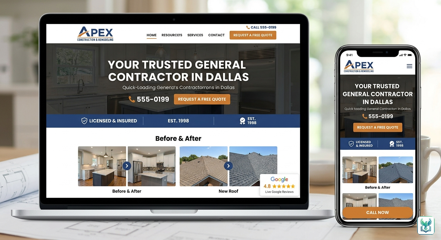 6 Powerful Digital Marketing for Contractors Strategies to Skyrocket Your Leads 2 Modern construction and remodeling contractor website mockups displayed on a laptop and mobile screen, featuring a clear headline "Your Trusted General Contractor in Dallas", visible phone number, free quote button, and a before-and-after project gallery with high Google review ratings.