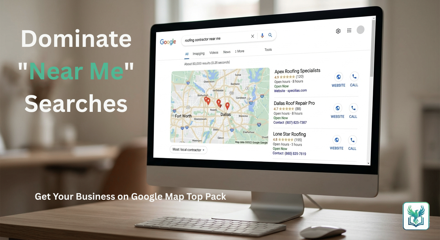 6 Powerful Digital Marketing for Contractors Strategies to Skyrocket Your Leads 3 A desktop monitor displaying a Google Search results page for "roofing contractor near me" highlighting the Local Pack map and top-ranked contractor business listings in Dallas with ratings, website links, and call buttons.