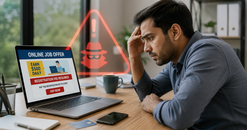 Man worried after spotting online job side hustle scams warning signs on laptop screen