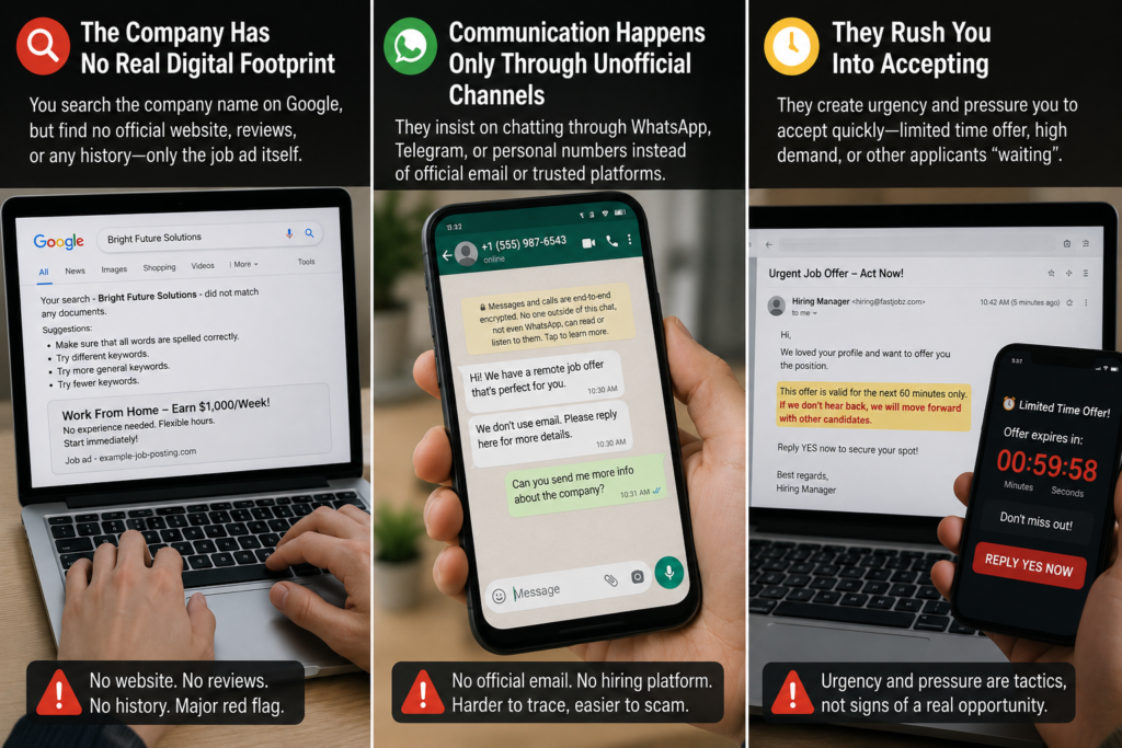 Side hustle scam red flags: no company footprint, unofficial chats, urgency tactics