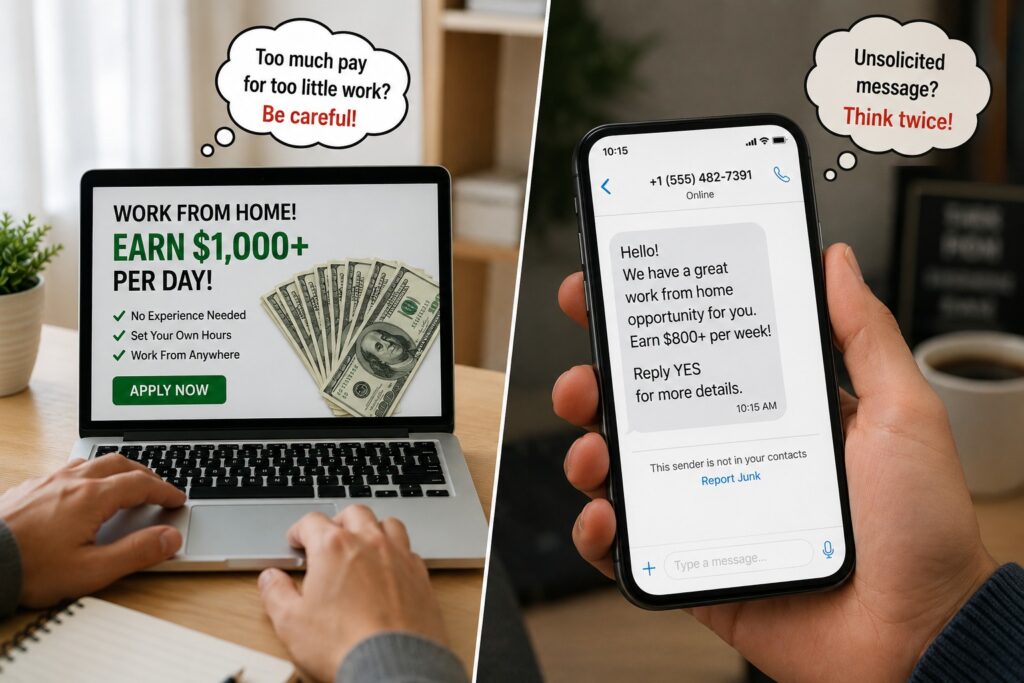 Side hustle scam red flags: no company footprint, unofficial chats, urgency tactics