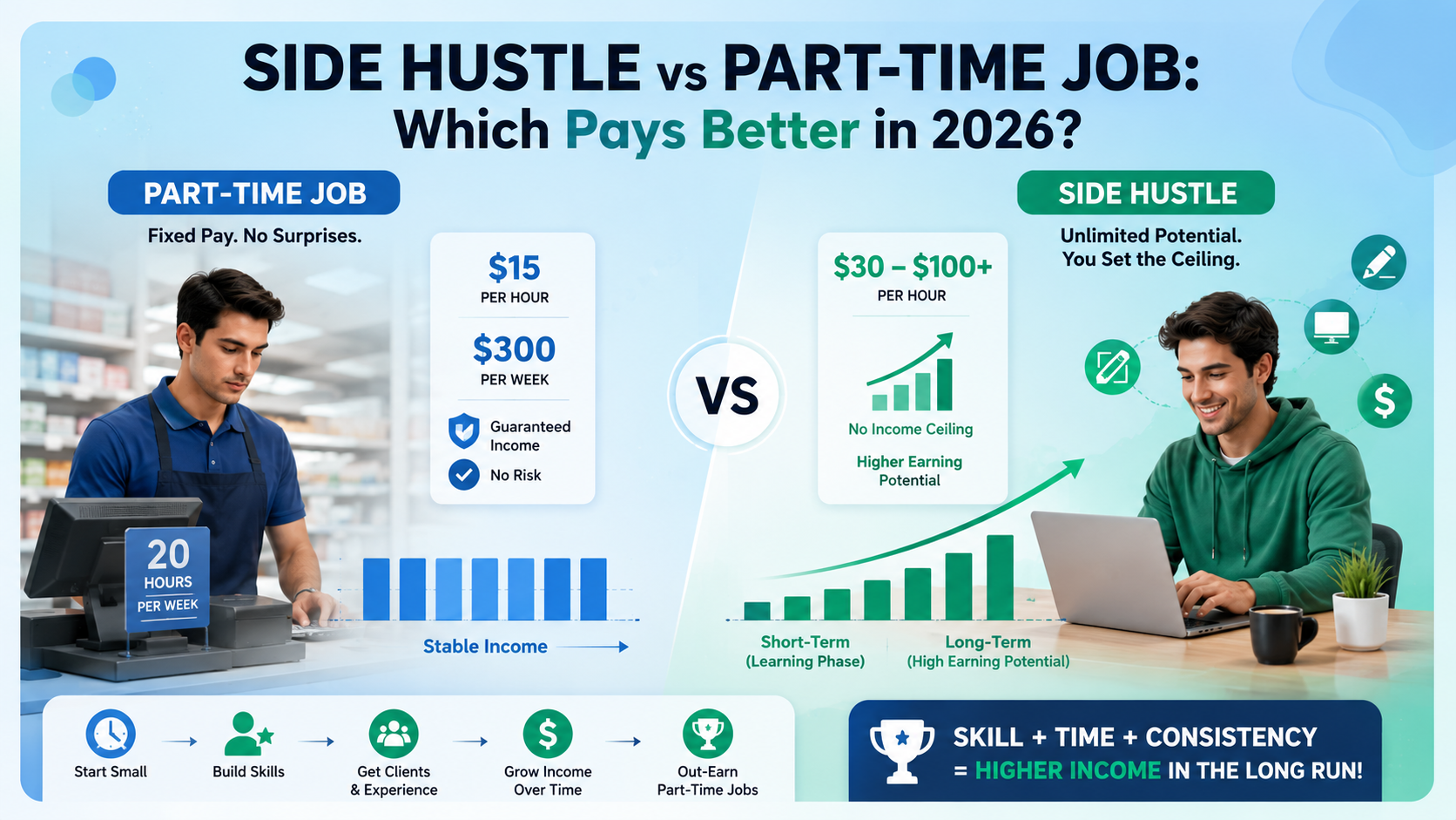 Side hustle vs part-time job showing income, flexibility and earning potential