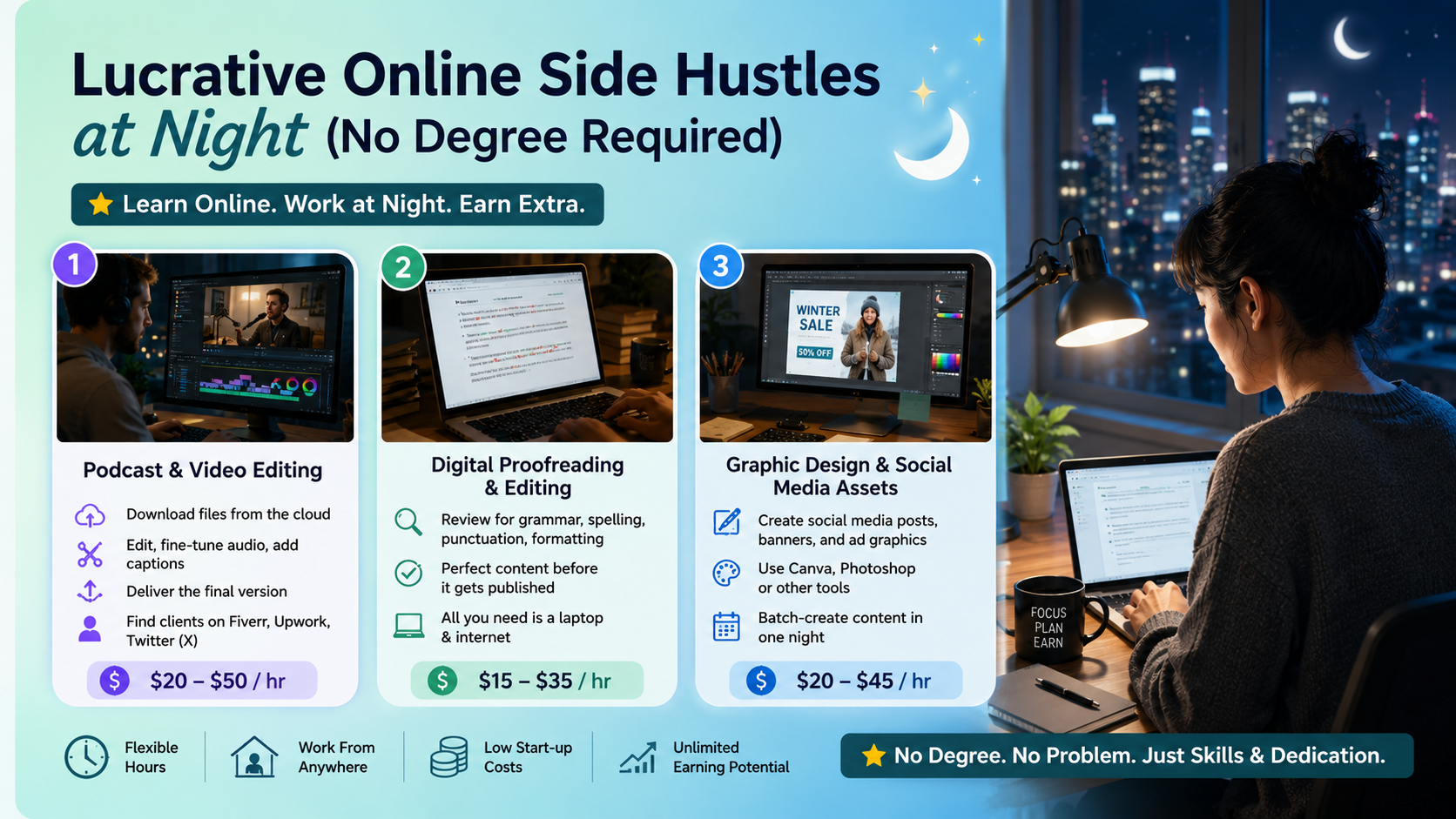 Lucrative online side hustles at night ( no degree required)