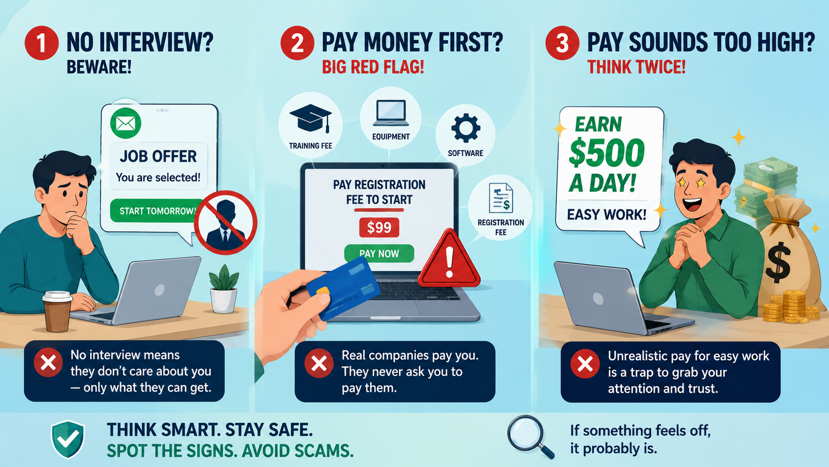 How to Tell If a Work From Home Job Offer Is a Scam 2 work from home job scam warning signs - no interview pay money first too high pay