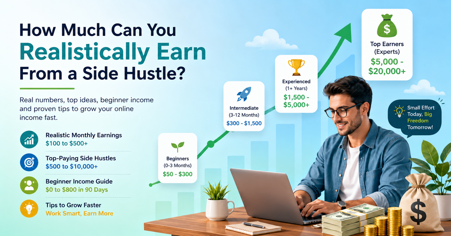 Infographic showing realistic side hustle income by month, beginner, intermediate and experienced earnings breakdown