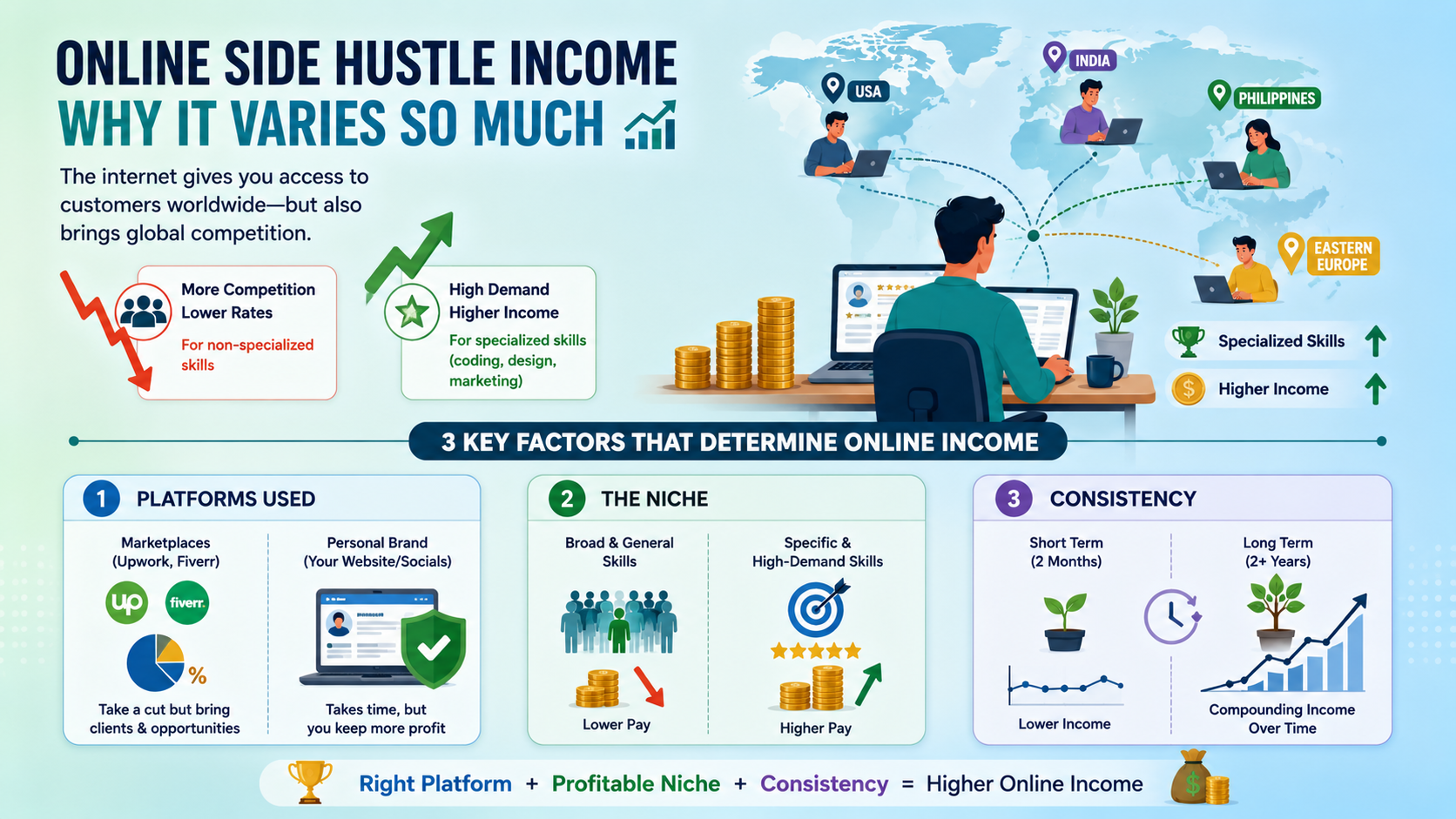 Infographic explaining why online side hustle income varies - platforms used, niche and consistency as key factors
