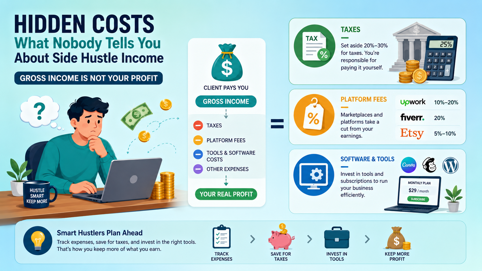 Infographic showing hidden costs of side hustle income including taxes, platform fees and software tools