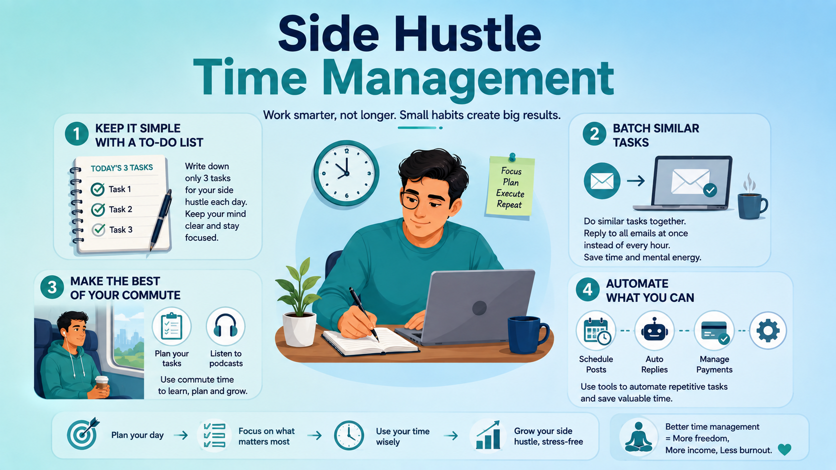 How to Avoid Side Hustle Burnout While Working Full-Time 3 Side hustle time management tips – to-do list, batching tasks, using commute, and automation