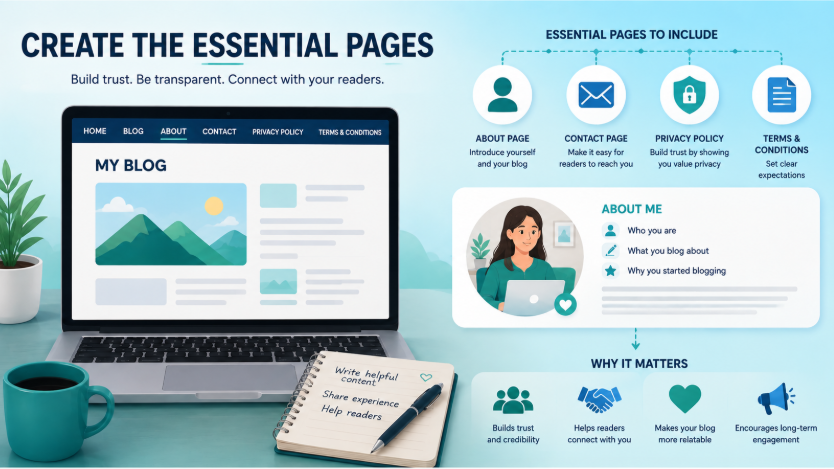 Essential pages to create when starting a successful blog, including About, Contact and Privacy Policy