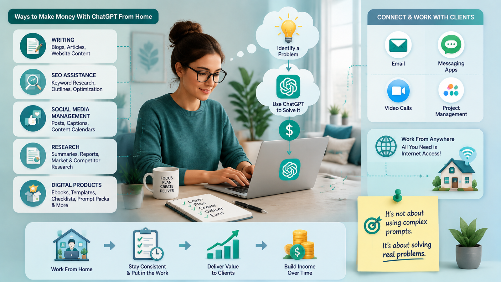 Ways to make money with ChatGPT from home, including writing, SEO, social media and digital products