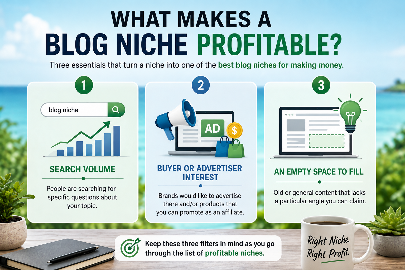Three essentials that make a blog niche profitable — search volume, advertiser interest, and content gaps to fill.