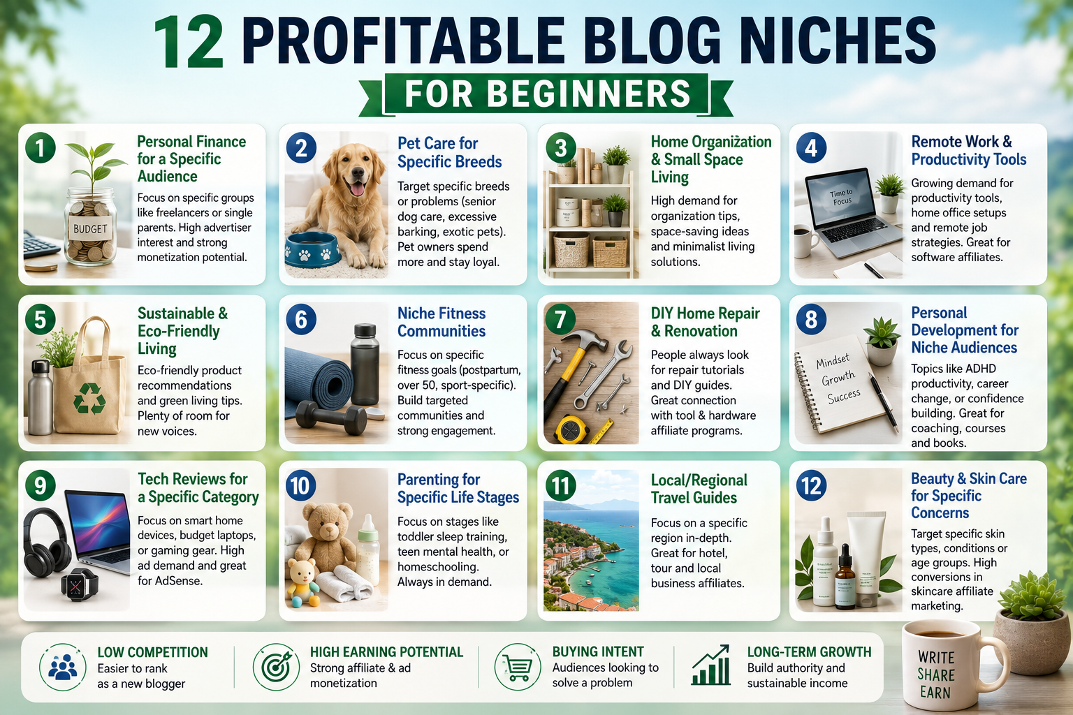 12 low competition, high earning blog niche ideas perfect for beginners in 2026.
