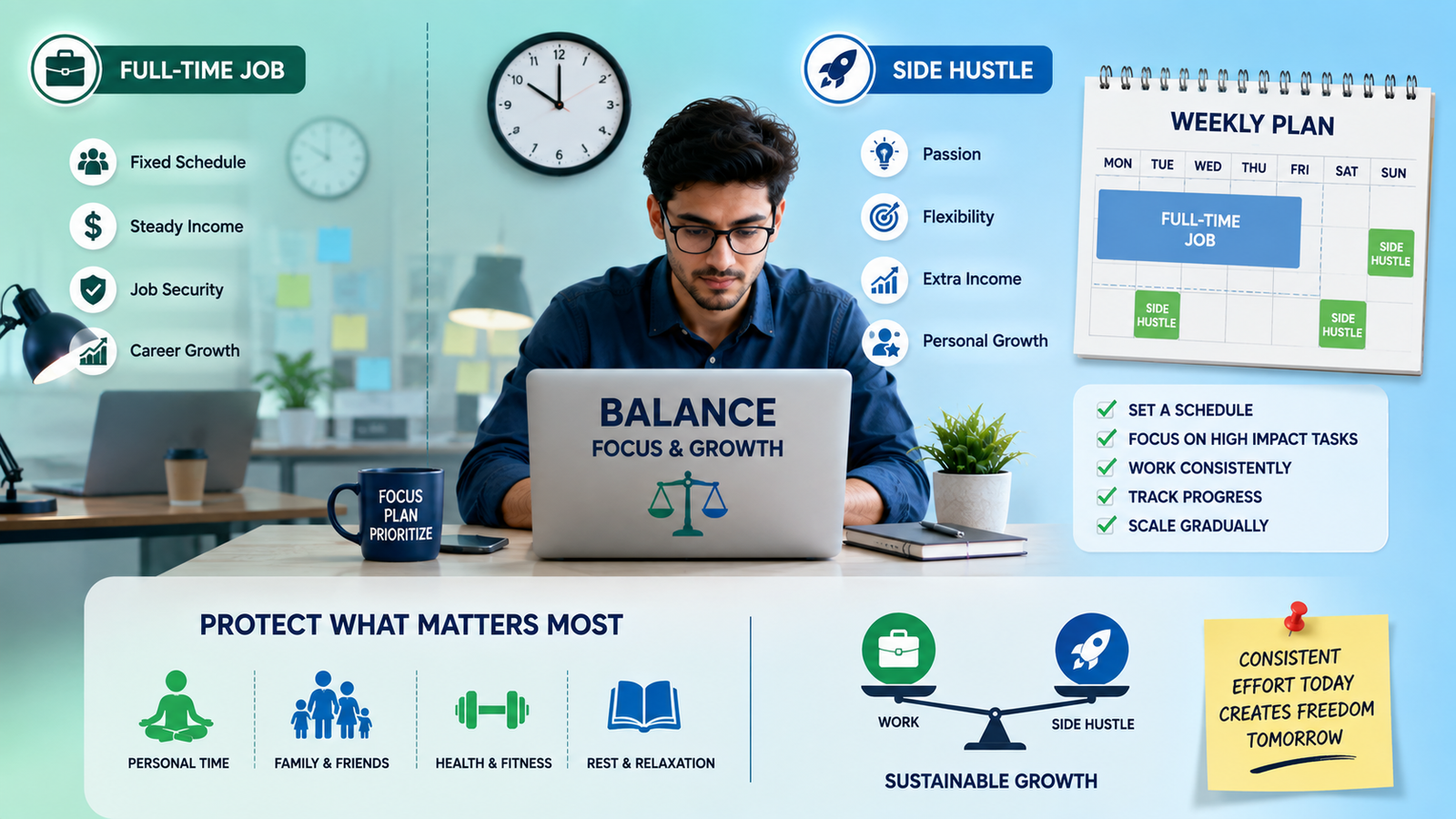 Scale a side hustle while working full time by balancing schedule and sustainable growth
