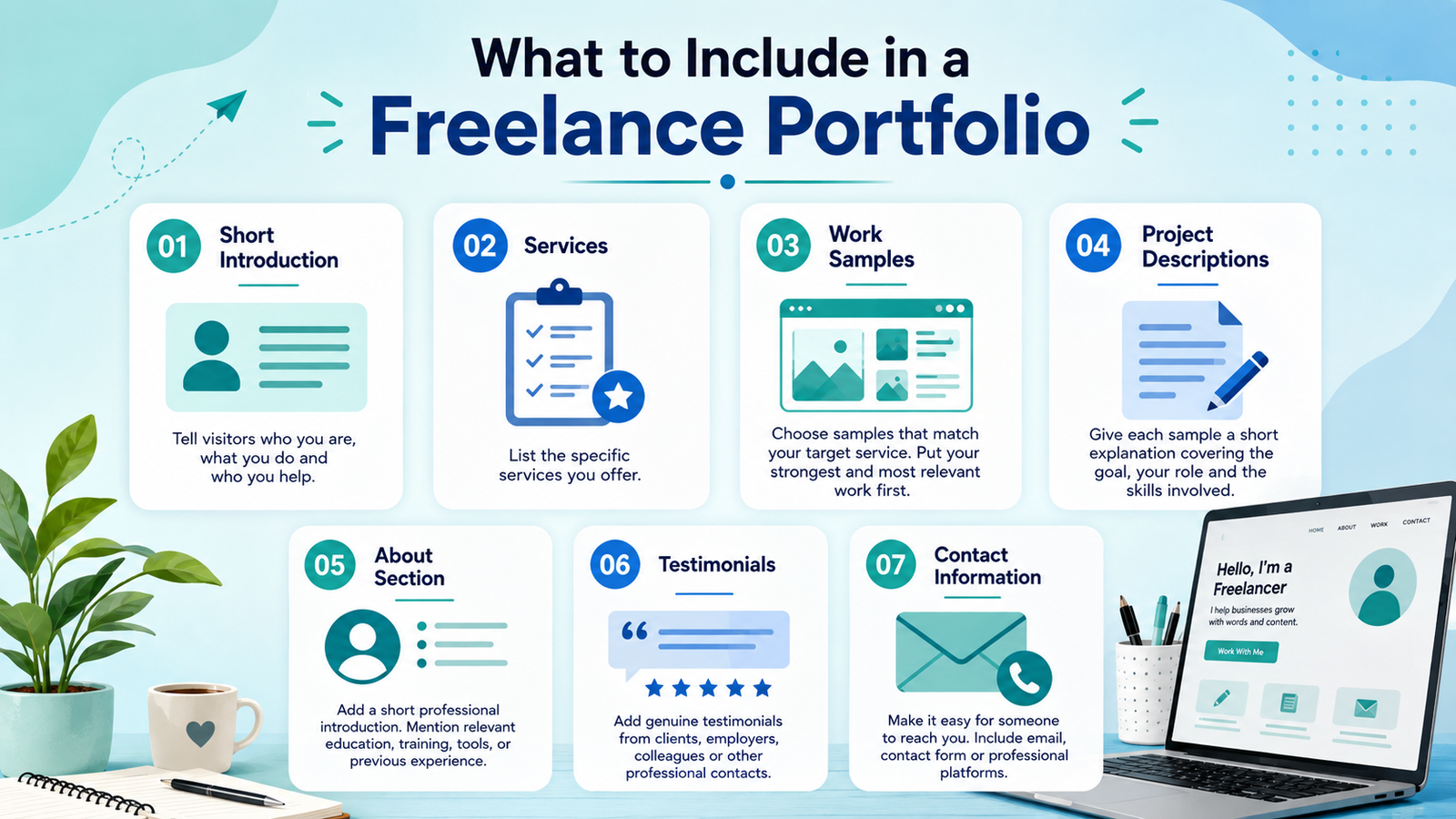 what to include in a freelance portfolio short introduction, services, work sample, project description, about section, testimonials, contact information
