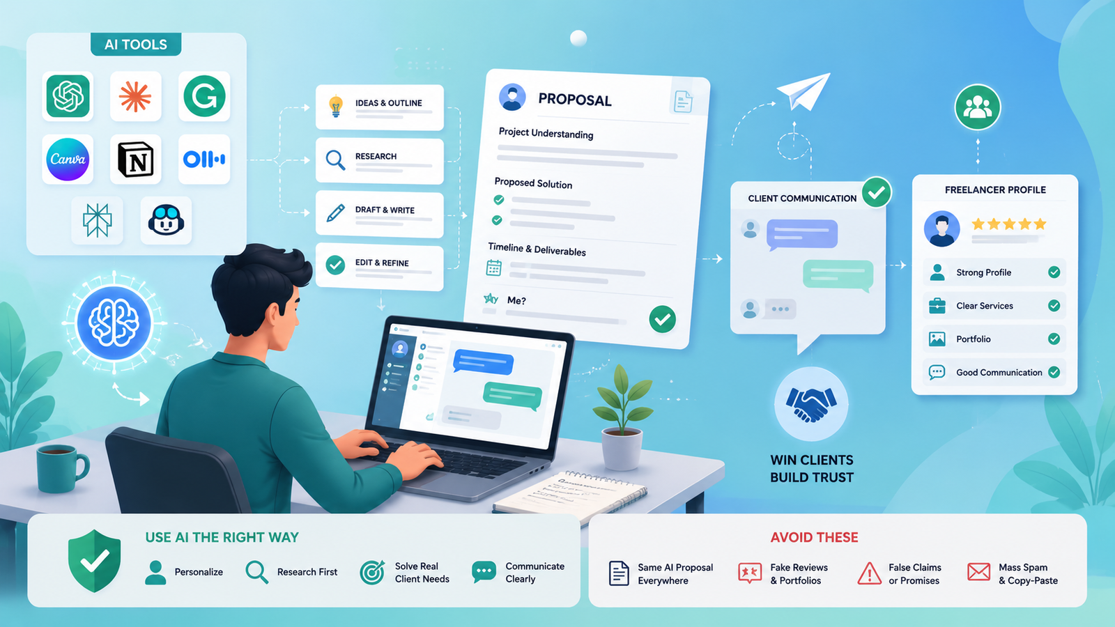 Transform Your Freelance Career: 9 Essential AI Tools for Success 3 Freelancer sitting at desktop using the best AI tools for freelancers to design, draft proposals, and manage client work