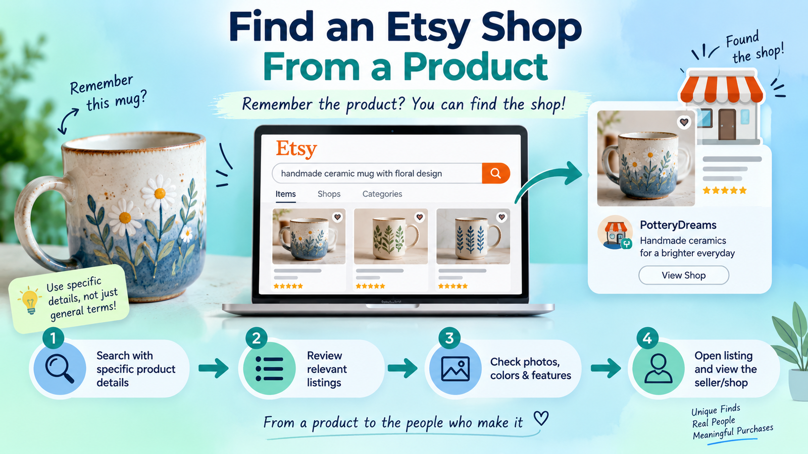 find an etsy shop from a product name,images and etc
